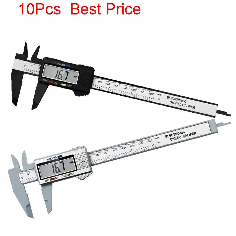 

10Pcs/lot Electronic Digital Display Vernier Caliper 0-150mm Black / Silver Plastic Caliper Measuring Tool Inner Outer Diameter