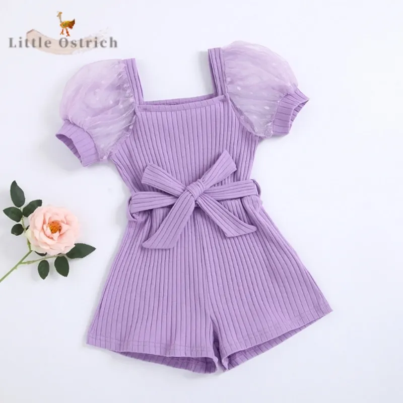 

Baby Girl Cotton Ribbed Puff Sleeve Jumpsuit Summer Infant Toddler Lace Jumpsuit Waist Belt Outfit Solid Color Baby Clothes 1-7Y