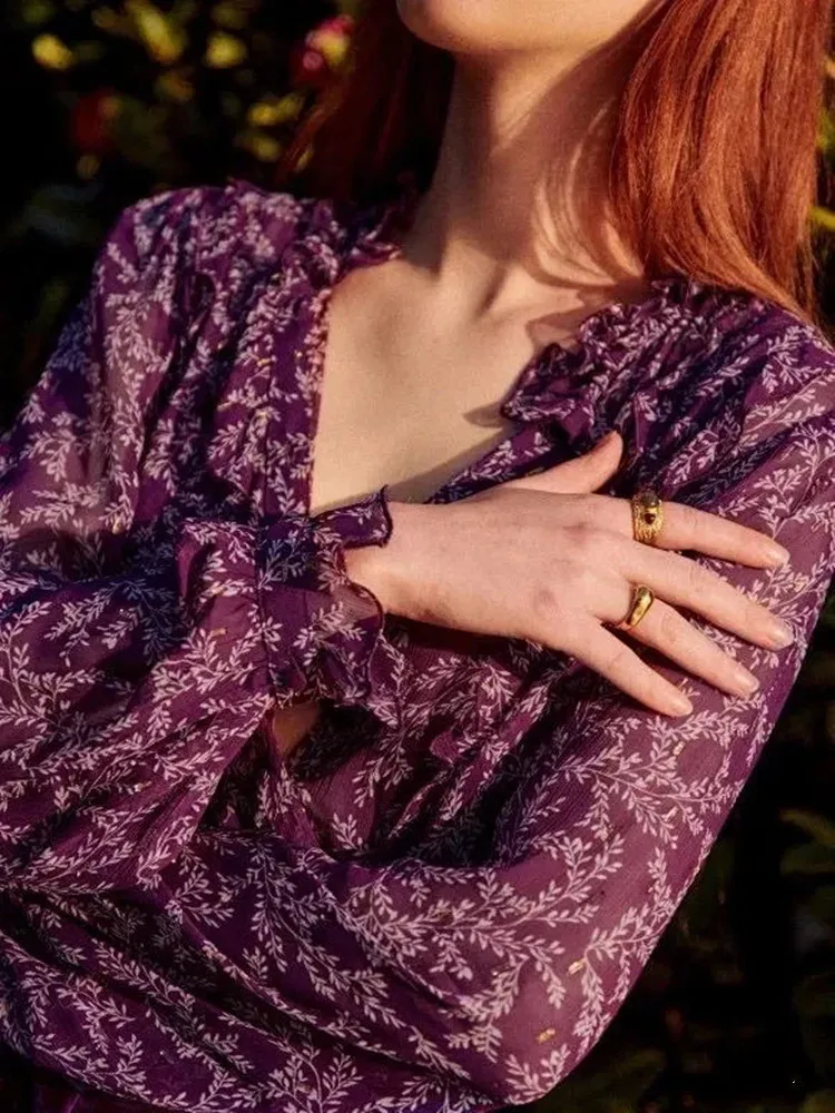 

Women Shirt Printed Ruffles Loose Long Sleeve Vintage Blouse