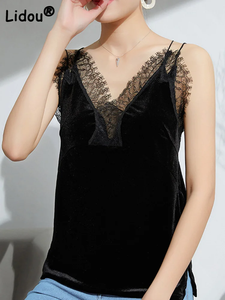 

Женский кружевной топ без рукавов, черный однотонный Свободный пуловер с V-образным вырезом и открытой спиной, элегантный топ для вечеринок,...