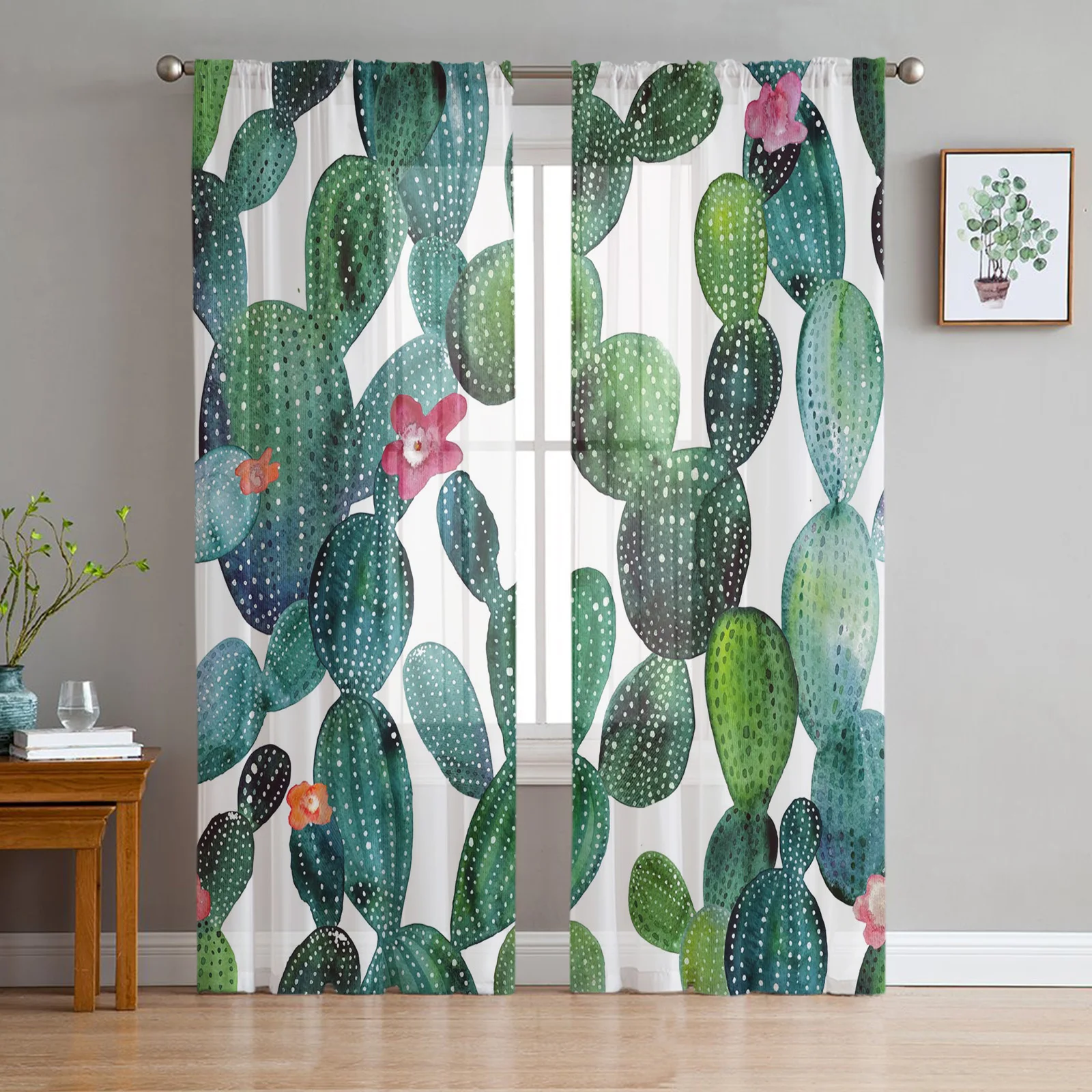 

Cactus Green Flowers Tulle Curtains for Bedroom Balcony Home Decor Sheer Curtain for Kitchen Living Room Windows Printed Drapes
