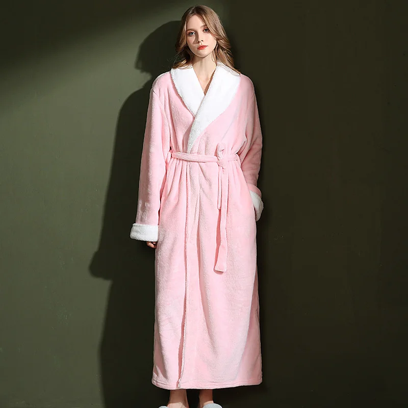 Autumn winter ins simple extended pocket flannel Nightgown women's thickened large coral velvet bathrobe men's