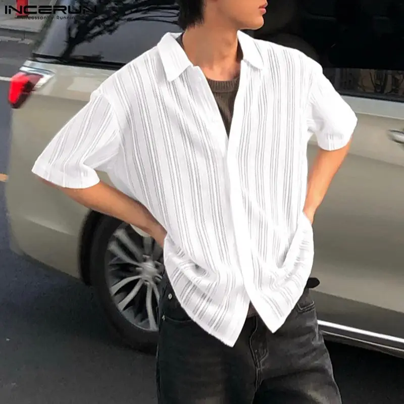

Топы INCERUN 2023, красивые мужские кружевные повседневные рубашки с коротким рукавом в Корейском стиле, Стильная мужская универсальная простая блузка с лацканами, Женская