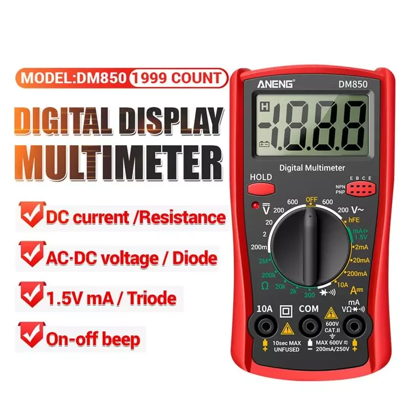 

DM850 Digital Multimeter 1999 Counts Compact AC DC Votage Tester DC Current Resistance Test Diode Data Retention