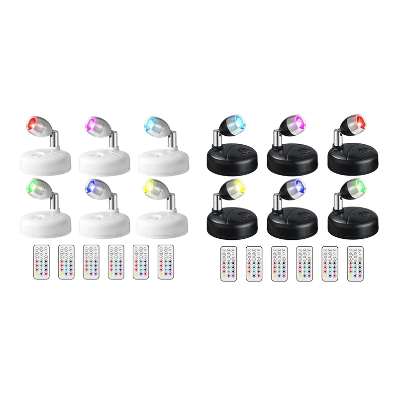 

6 Pcs RGB LED Spotlight With Remote, 13 Color Spotlight, Battery Operated Accent Lights For Hallway Artwork Closet White
