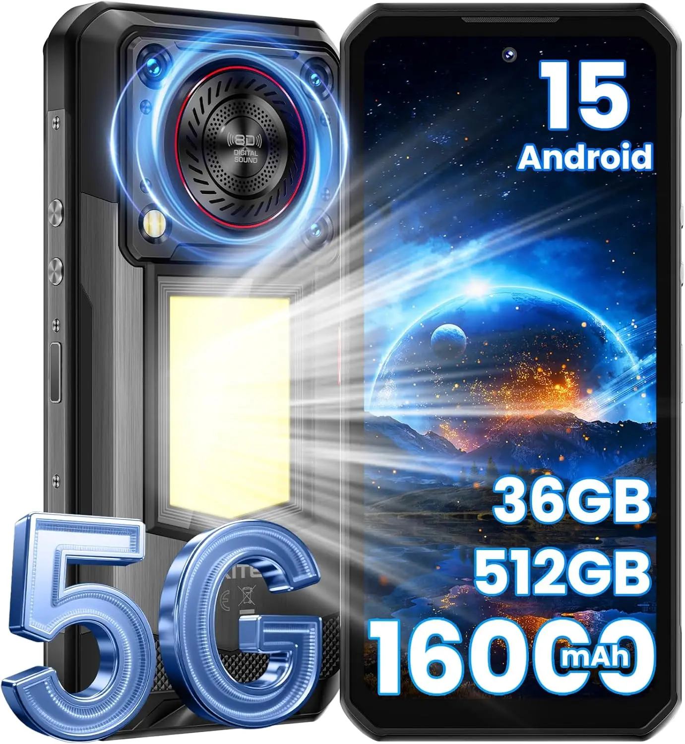 Фото Прочный смартфон OUKITEL WP56 5G, 16000 мАч/45 Вт, 36 ГБ + 512 ГБ/2 ТБ, Android 15, разблокированный, с фонарем 1000 люмен, 6,8 дюйма №1