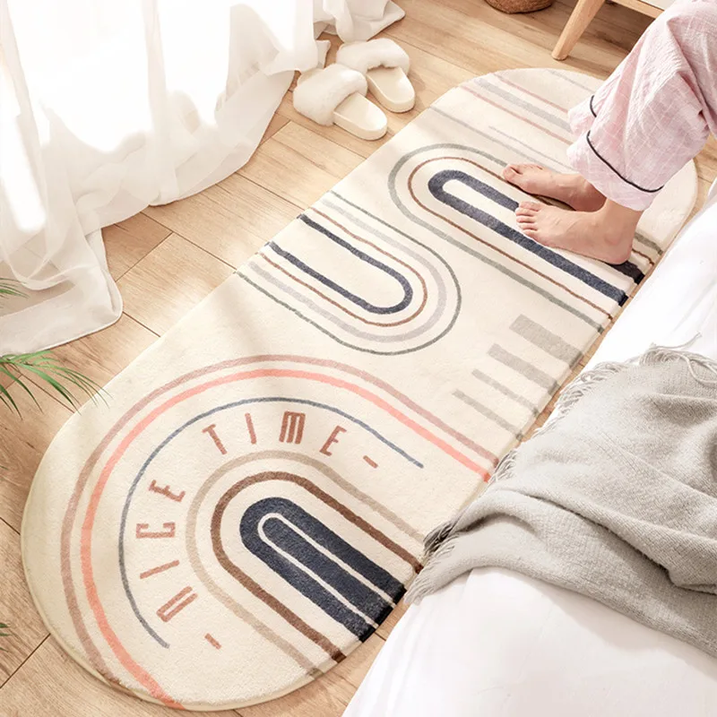 

Bedroom Long Carpet Lamb Fleece Modern Simple Style Geometric Bay Window Mat Breathable Stable Non-slip Machine Washable Rug