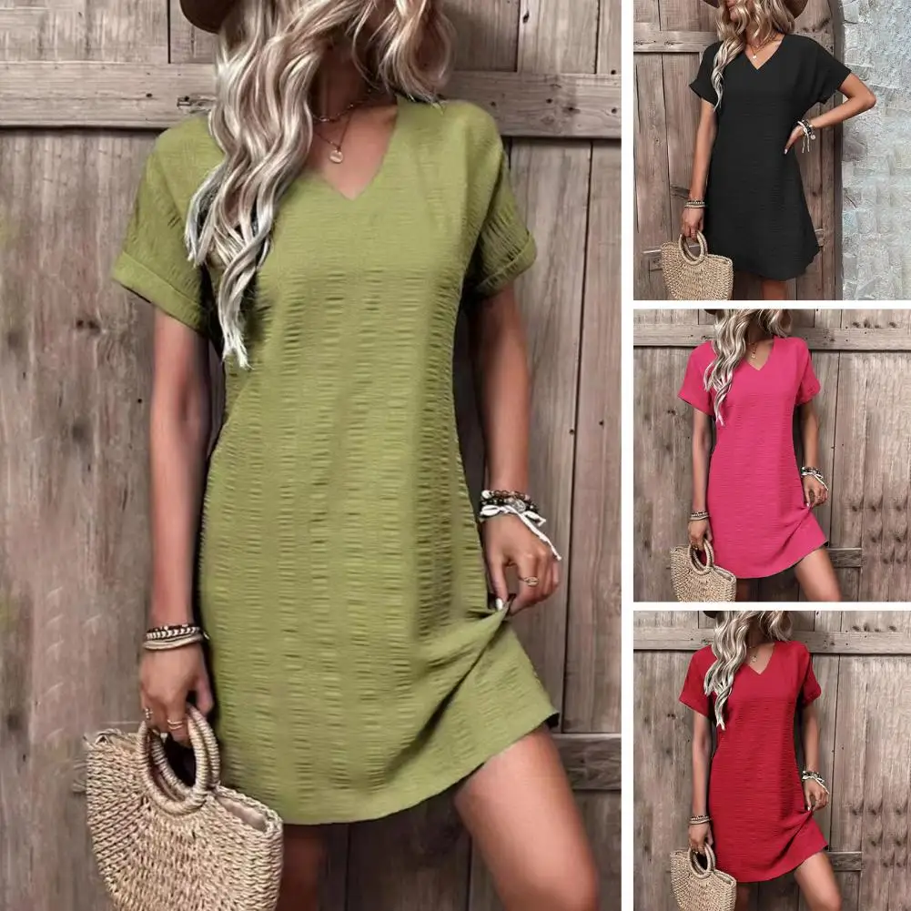 

Women Mini Dress V Neck Short Sleeves Loose A-line Dress Soft Breathable Above Knee Length Summer Dress