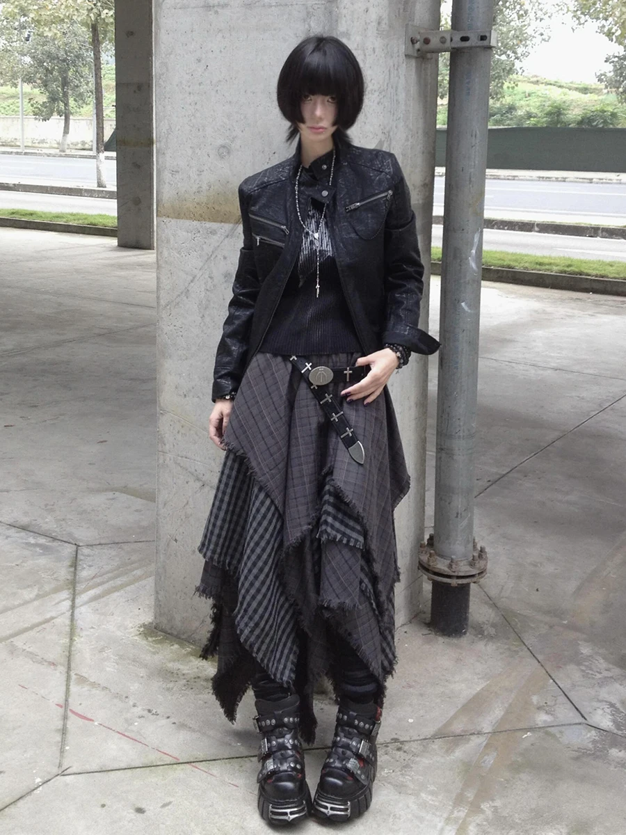 RORORIRI винтажная серая клетчатая юбка с нерегулярной строчкой женская высокой