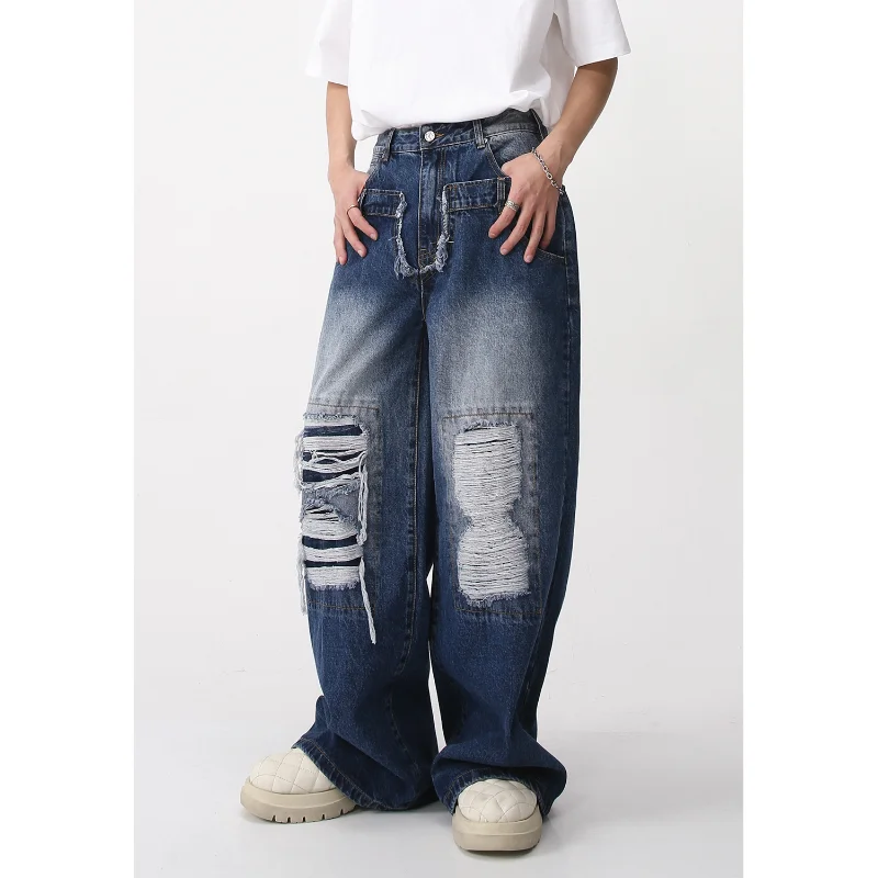 Jeans Casual Denim Pants Loose Wide Leg Patch Hole Hip-hop Men Spring 2023 New Product
