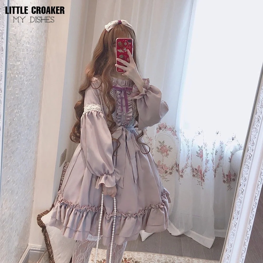 

Alice In Wondeland Cute Women Lolita OP Dress Flouncing Lace Trim Japanese Harajuku Long Sleeves Doll Teen Dress Fairy Vestidos