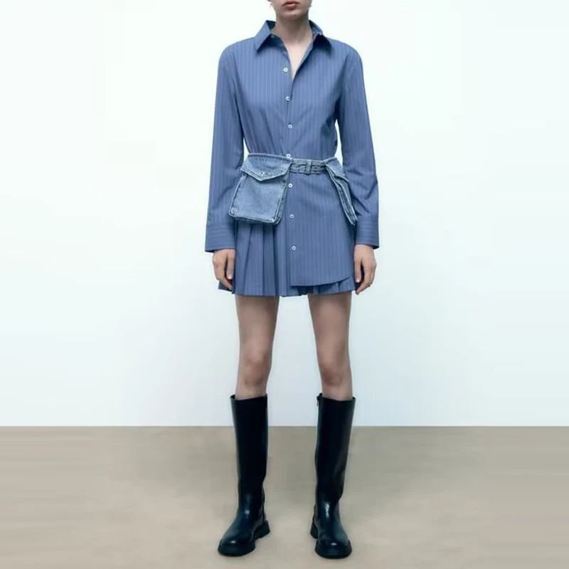 

Stripe Mini Dress Woman Shirt Collar Short Dresses For Women Long Sleeve Summer Woman Dress 2023 Ruched Casual Dresses