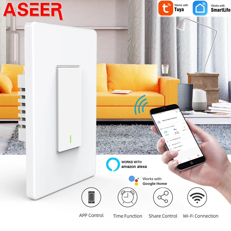 Смарт-переключатель ASEER WIFI Tuya 16A 1 банда беспроводной пульт дистанционного управления 1800 Вт WIFI светильник переключатель AC90-265V настенный панельный переключатель