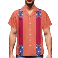men hawaiian samoa shirts red and blue strip printing vintage shirts men printed button down shirt short sleeve lapel clothing
