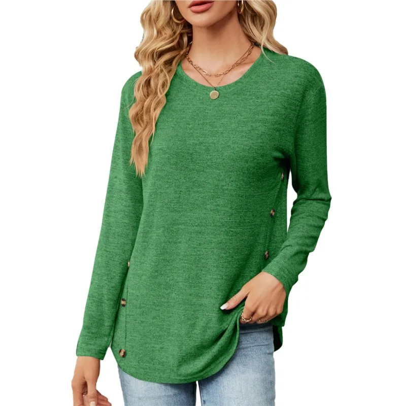 

2023 Women's Autumn And Winter New Fashion Solid Color Casual Pullover Round Neck Long Sleeve Loose Button T-shirt Top For Women