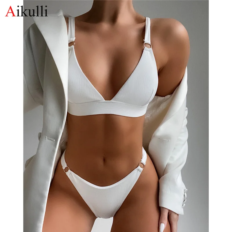 

2023 New Sexy Ribbed Ring Bikinis Swimsuit Women Push Up Swimwear Solid Bikini Set Summer Beach Brazil Biquini Swim Bathing Suit