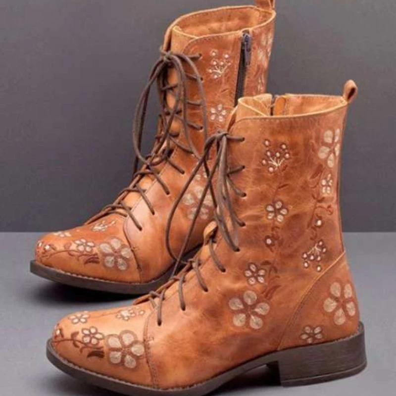 

New Women Boots Vintage Embroidered Lace-up Boots Simple Solid Color Platform Casual Rider Boots Plus Size Bota Feminina