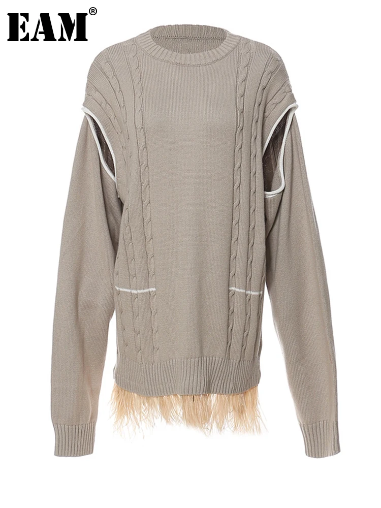 

[EAM] Khaki Cut-out Big Size Knitting Sweater Round Neck Long Sleeve Women Pullovers New Fashion Tide Autumn Winter 2022 1DF1498