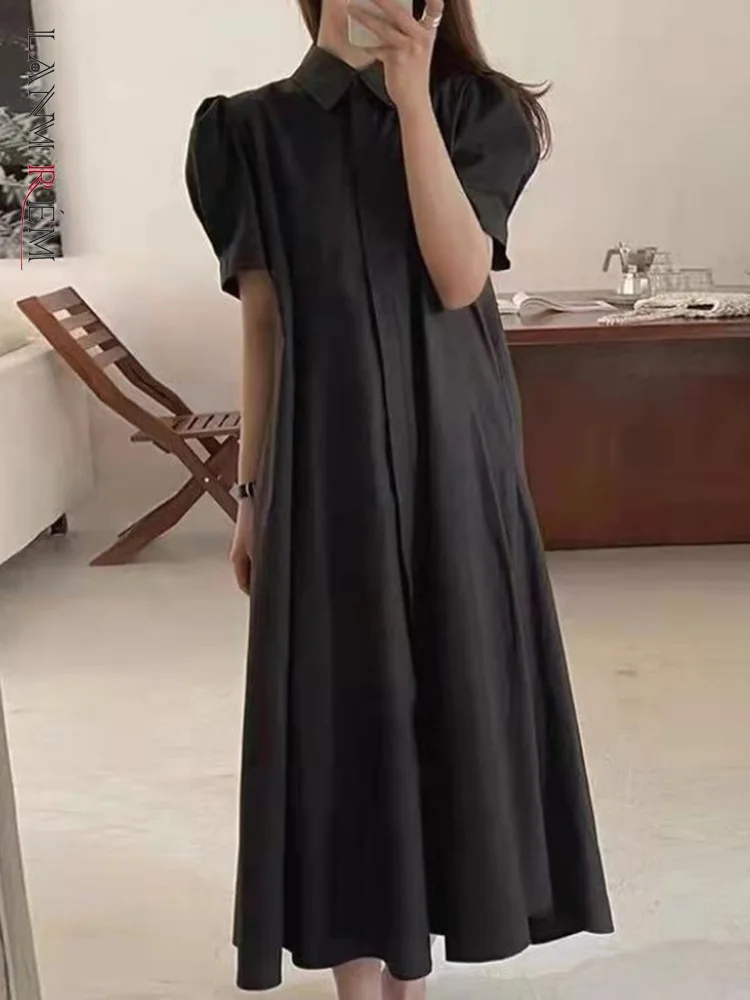 

LANMREM Folds Puff Short Sleeve Dresses Women Turn-neck Solid Color Single Breasted Straight Fashion 2023 Summer Female 2I164