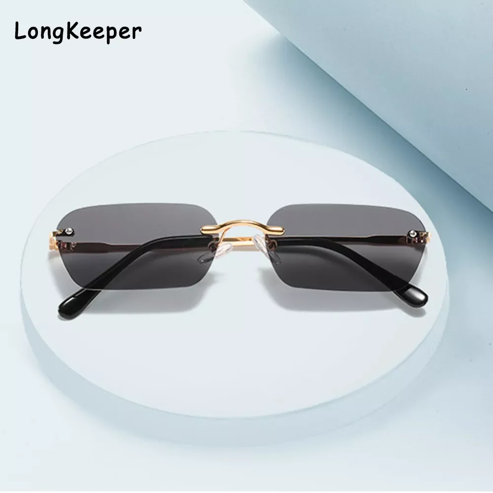 

New in Rimless Sunglasses Women 2020 Trendy Small Rectangle Sun Glasses Summer Traveling Style UV400 Gold Brown Shades for men y