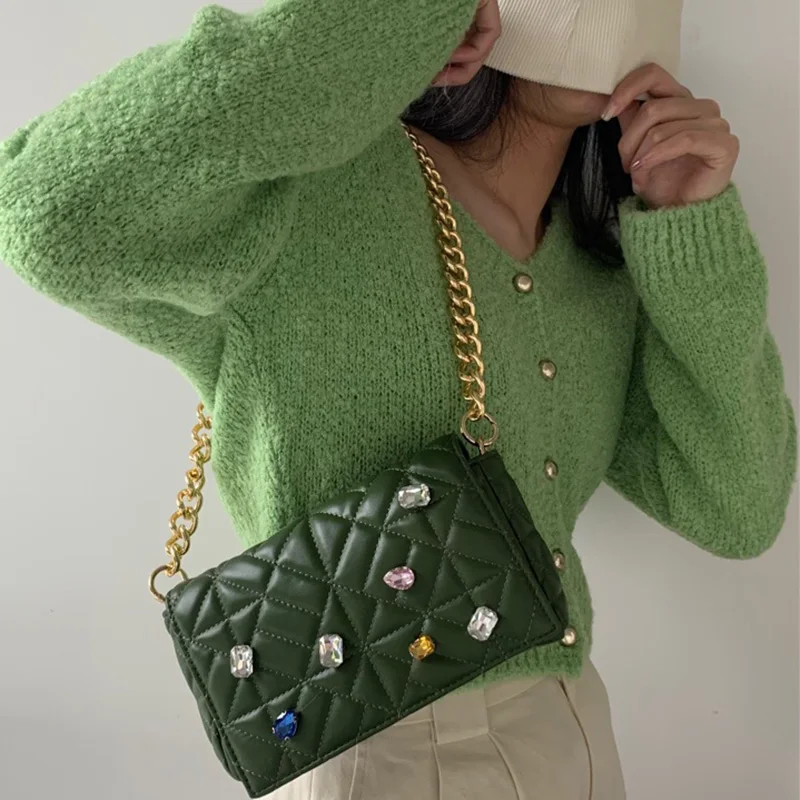 

Colored Diamonds Shoulder Bag for Women Chain Handbag Flap PU Small Tote Ladies Fashion Underarm Bag Shopper Messenger Bags Ins