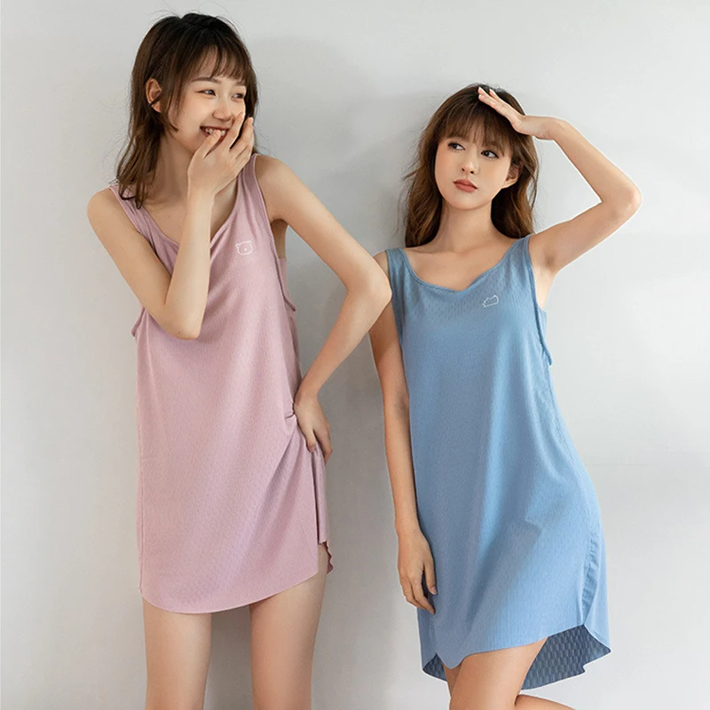 Summer Pajama Dress Women'S Ice Silk Sleeveless Suspender Comfortable Home Clothing Anti Glare Lightweight And Breathable