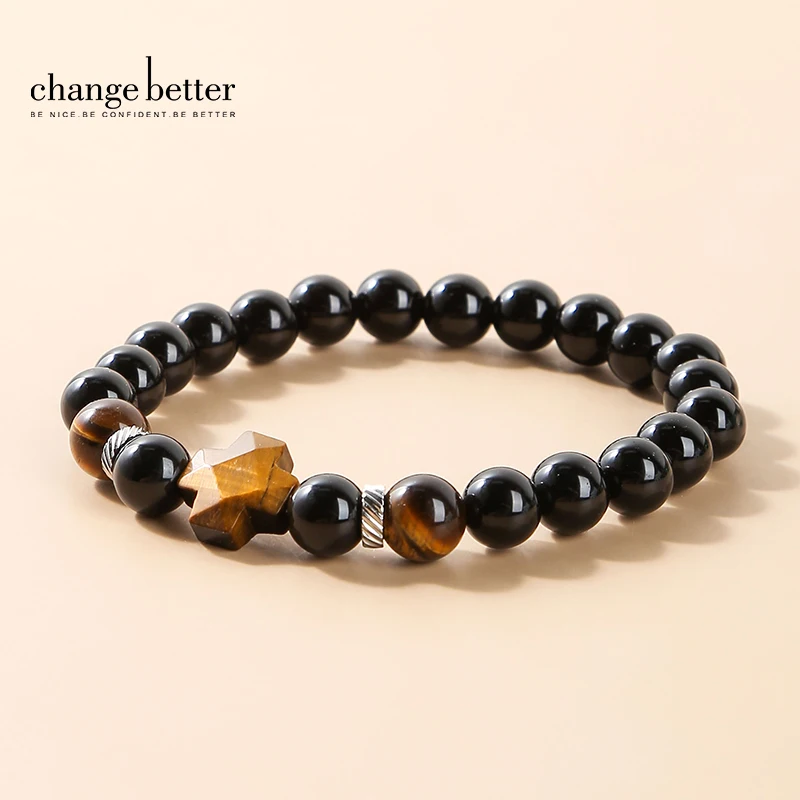 

Change Better Natural Stone Yellow Tiger Eye Faceted Cross Bead Bracelets Men Women Round Beads Black Beads Bangles Jewelry Gift