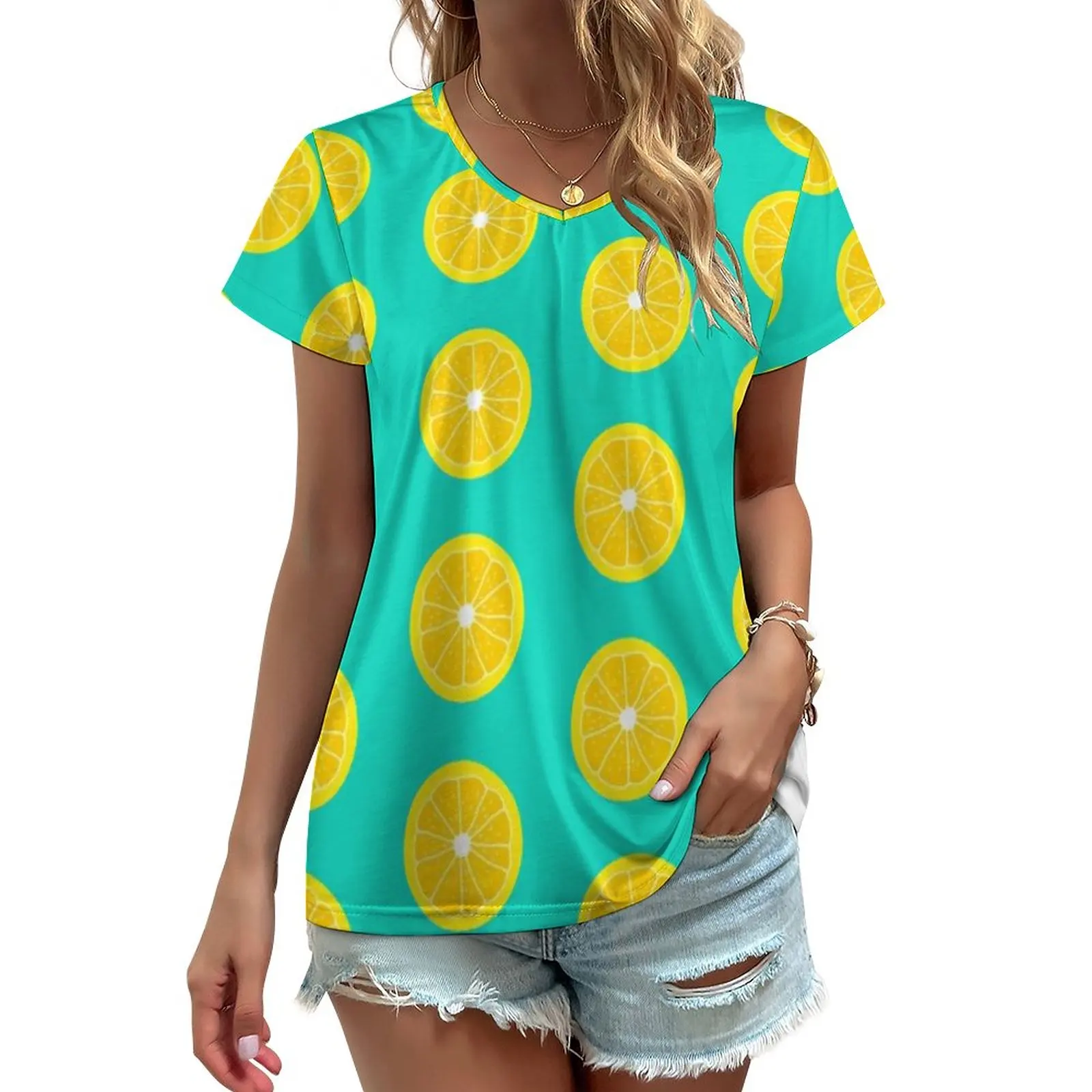 

Lemon Slice T-Shirts Adorable Yellow Lemons Classic V Neck T-Shirt Vintage Oversized Tee Shirt Beach Print Tops Birthday Gift