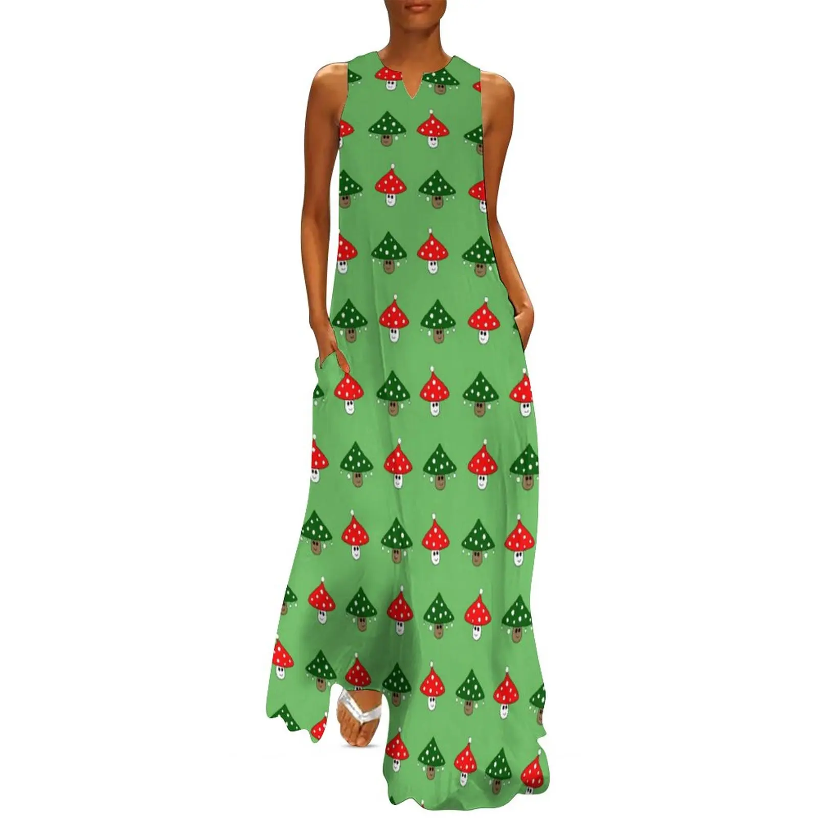 

Green Festive Mushrooms Dress Cute Mushroom Print Maxi Dress Street Wear Casual Long Dresses V Neck Graphic Big Size Vestidos