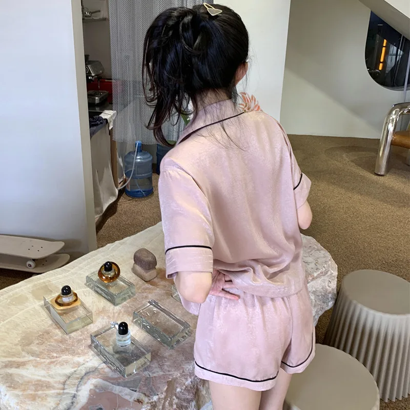 Ice Silk Pajamas Women's Short-Sleeved Shorts Lapel Cardigan Artificial Silk Home Wear Suit Large Size Women's Pajamas Suit