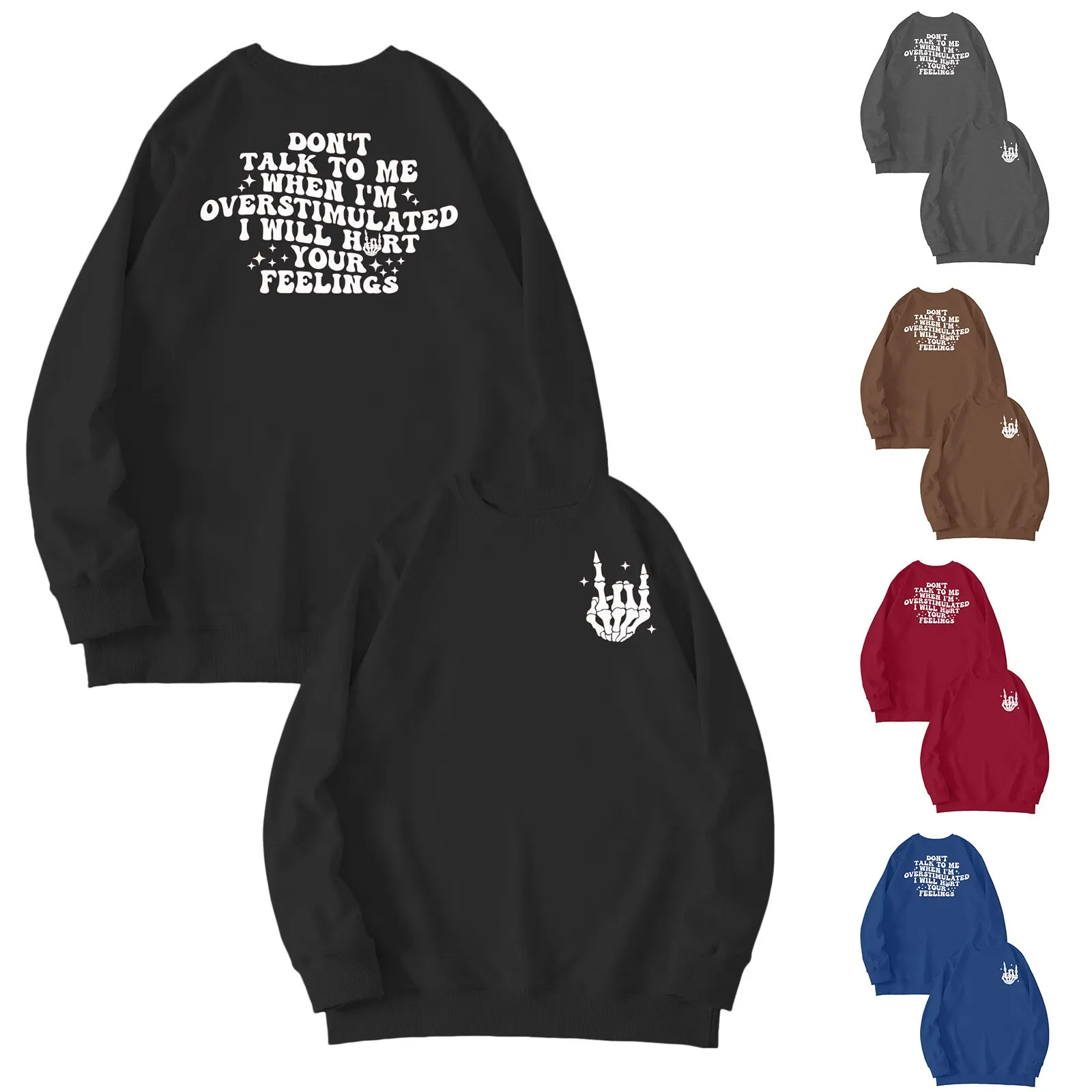 

Bones Letter Print Pullover Hoodless Oversize Round Neck Long Sleeves Sweatshirts Unisex Winter Warm Loose Hoodless Sweatshirts