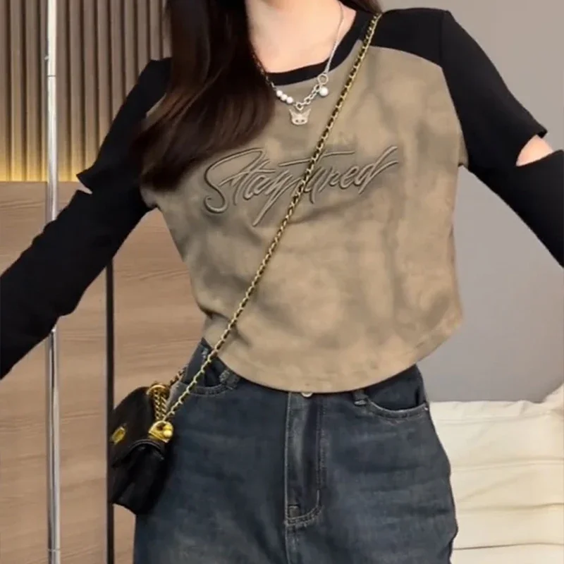 

Новая американская Ретро женская футболка, Повседневная Свободная облегающая футболка chicly, женский хаки, серый милый модный женский топ с длинным рукавом