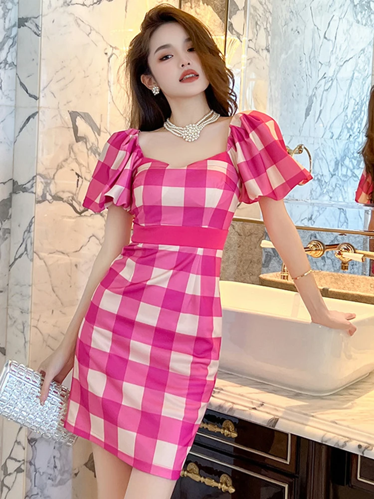 

Sweet Elegant Mini Dress for Women Green Pink Bubble Sleeve High Waist Wrap Hip Short Gown Female Party Holiday Street Vestidos