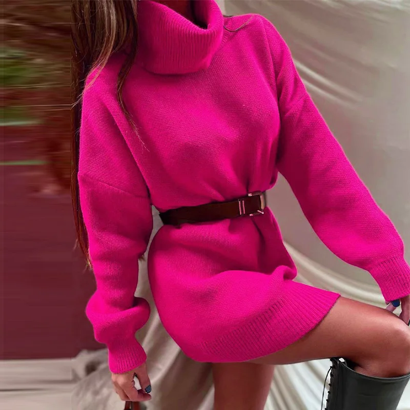 

Autumn Winter Women Long Sleeve Solid Knitted Top Lady Elegant Warm Jumper Knitting Office Fashion Turtleneck Sweater Dresses