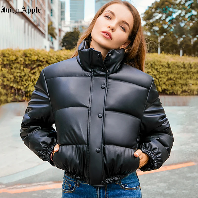 Winter Parkas Warm Thick PU Leather Coats Women Short Fashion Black Cotton Padded Lady Down Jacket Elegant Zipper Clothes 2022