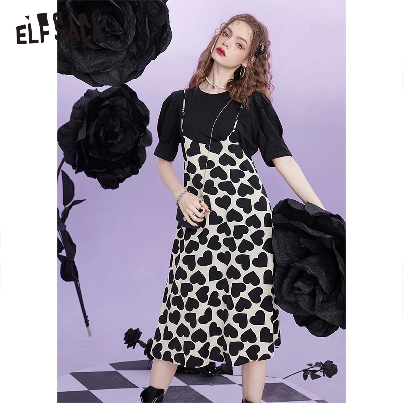 ELFSACK Black T-Shirt Chiffon Slip Dress 2022 Summer New High Waist Dress High Waist Ladies Daily Dress
