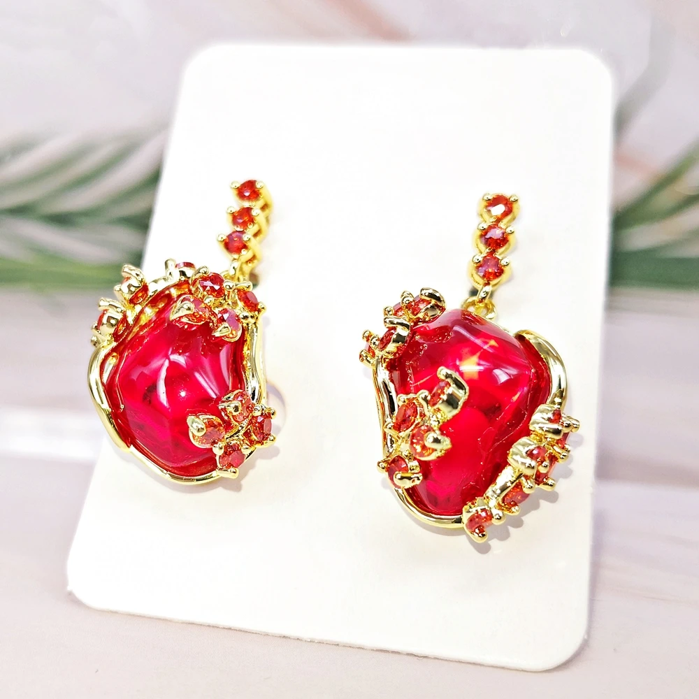 

New Mismatch Red Zirconia Earrings for Women Ladies Hot Design Wedding Jewelry Radiant Cut CZ