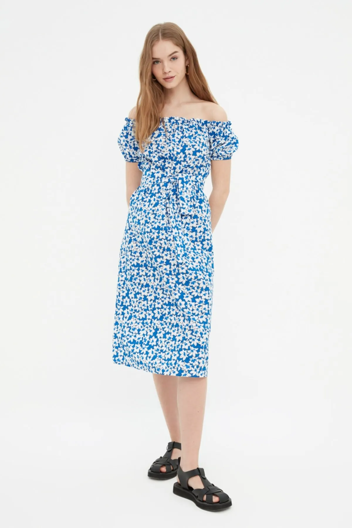 

Women's Dress Blue Belted Carmen Collar Elegant Fashion Casual Casual Comfortable Short Sleeve Summer Boho Beach Dress