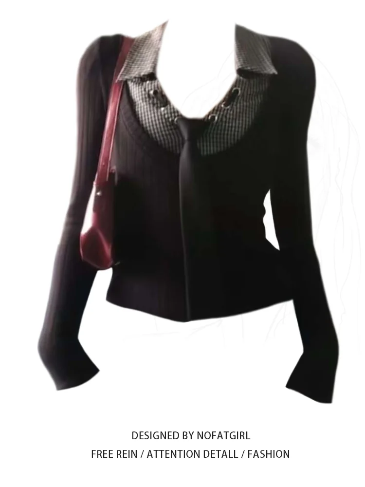 Plus Size Plus size Fat Sister American vintage Fake Two Pieces Plaid Lapel Knit Women Autumn and Winter Slim fit Slimming Lo...