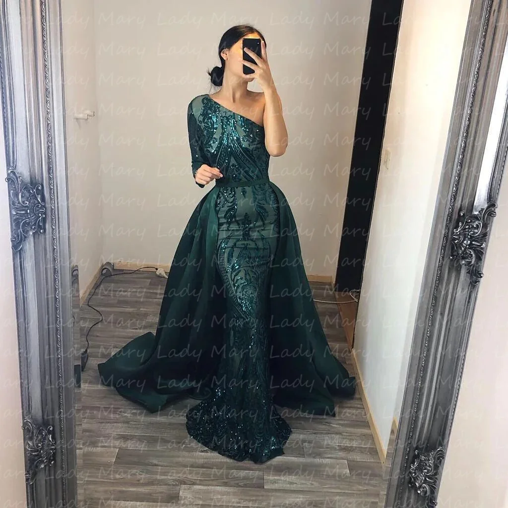 

Dark Green Sequins Evening Dresses Single Long Sleeves Mermaid Over skirt Women Formal Prom Gowns Vestido De Noche Aso Ebi