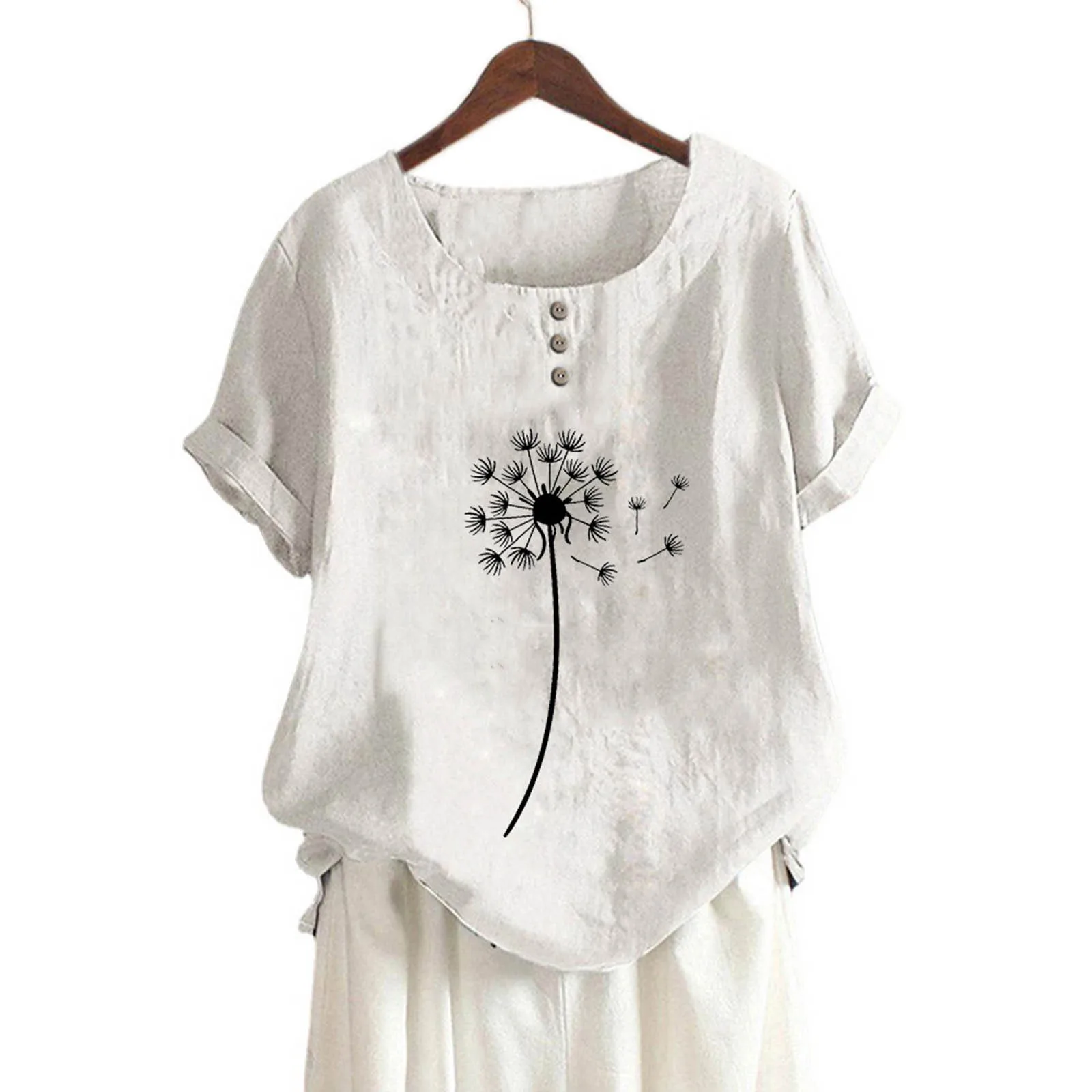 

Wolf Flannel Shirt Women Summer Round Neck Button Dandelion Print Short Sleeve T Shirt Top Blouse Extended Shirt for Women