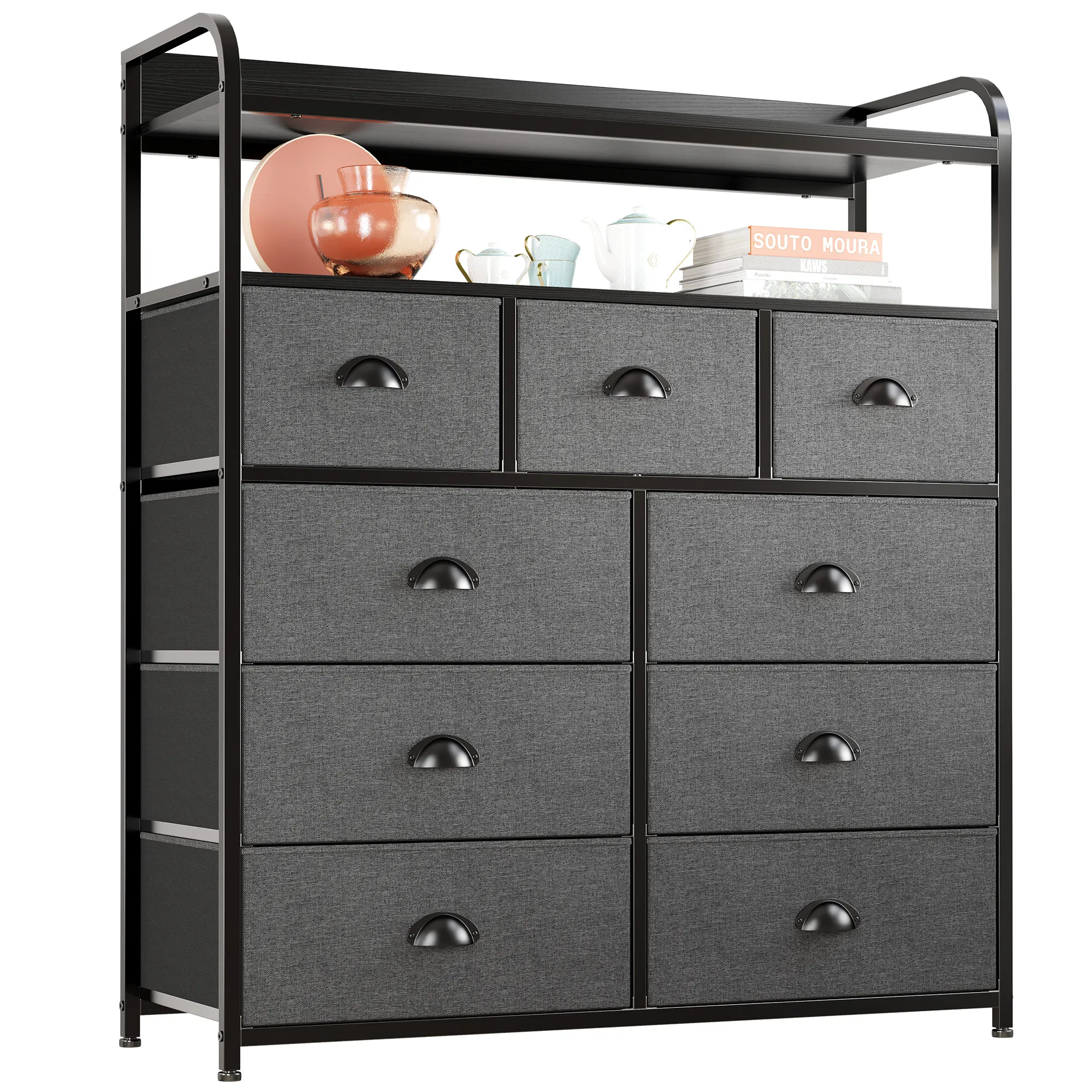 

EnHomee Rustic Dressers for Bedroom 9 Drawer for Clothes Metal Frame Free Standing Home Furniture Fabric Dresser with Wood Top