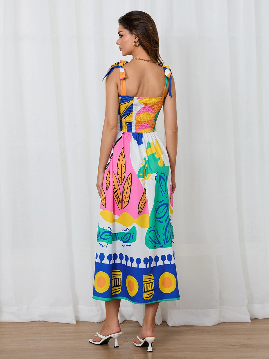 Женское летнее платье в богемном стиле без рукавов с завязками на плечах и