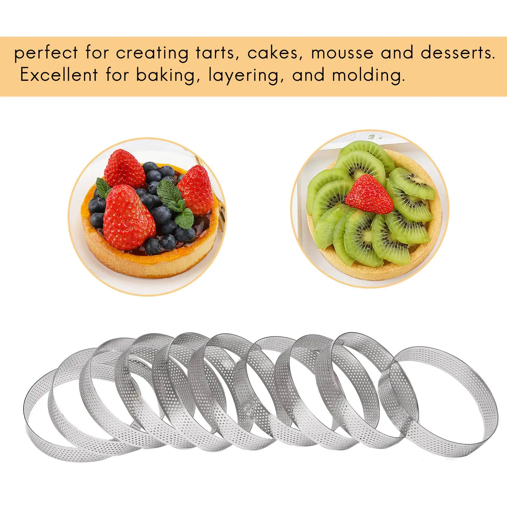

10Pcs Circular Tart Rings with Holes Stainless Steel Fruit Pie Quiches Cake Mousse Mold Kitchen Baking Mould 10cm