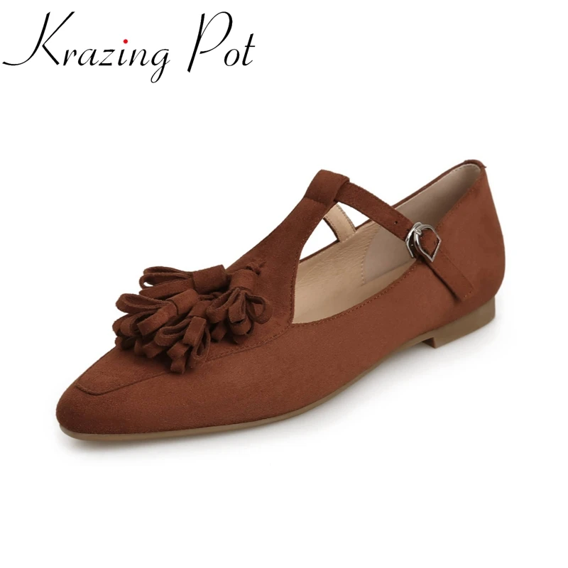 

Krazing Pot New Arrival Cow Split Leather Round Toe Low Heels Spring Shoes Tassels Design England Style Buckle Strap Brand Flats