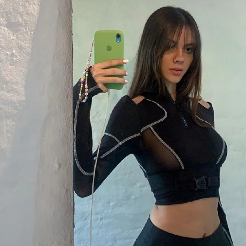 

Goth Y2k Style Grunge Black Buckle Patchwork T-shirts Women Punk Sexy Open Shoulder Skinny Cropped Tops Hip Hop Streetwear