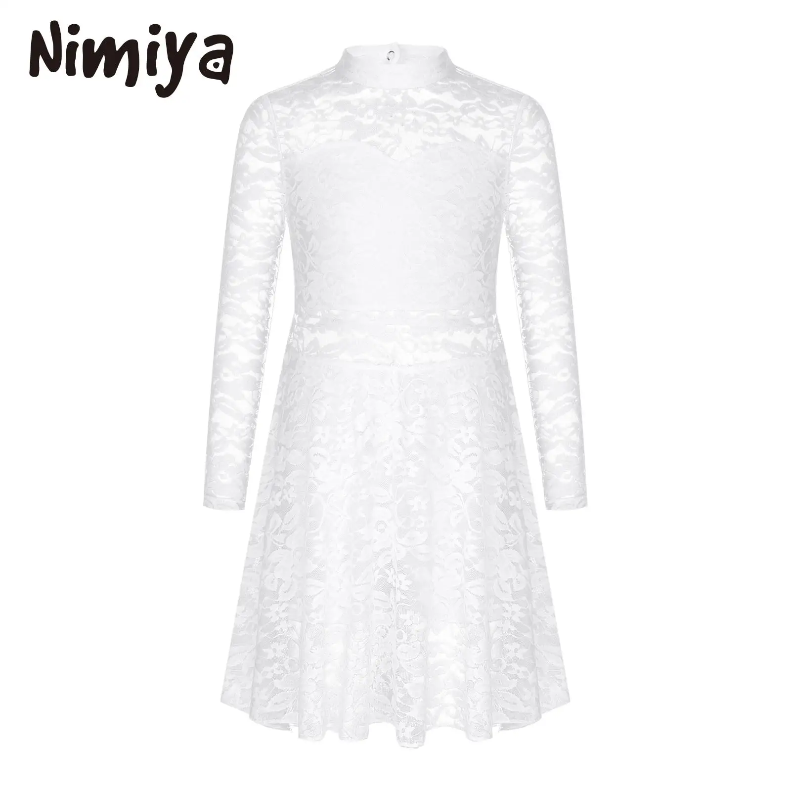 

Nimiya Kids Girls Stylish White Long Sleeves Round Neck 1Pcs Lace Light Dance Dress Hollow Mesh Crisscross Strap Back Party Wear