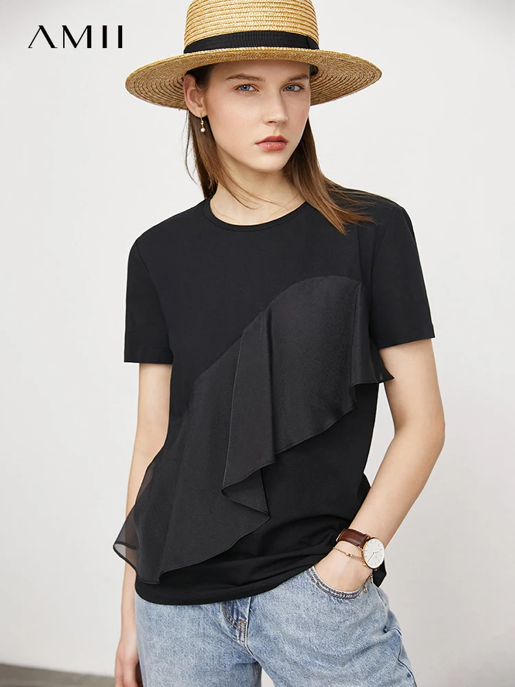 

Рубашка AMII в минималистском стиле для женщин, топы 2022, летние лоскутные офисные женские свободные контрастные футболки с оборками, женская ...