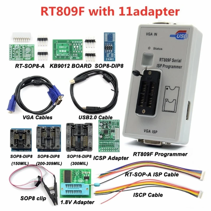 

RT809F Serial ISP Programmer With Adapters +1.8v Adapter+SOP8 Test Cip+EDID Cable +ICSP Bios Universal Programmer