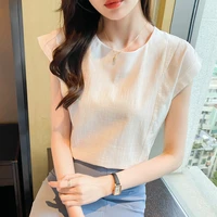 pullover ladies tops korean womens new 2022 summer hemp cotton round neck sleeveless blouses shirt slim casual blouses 605a